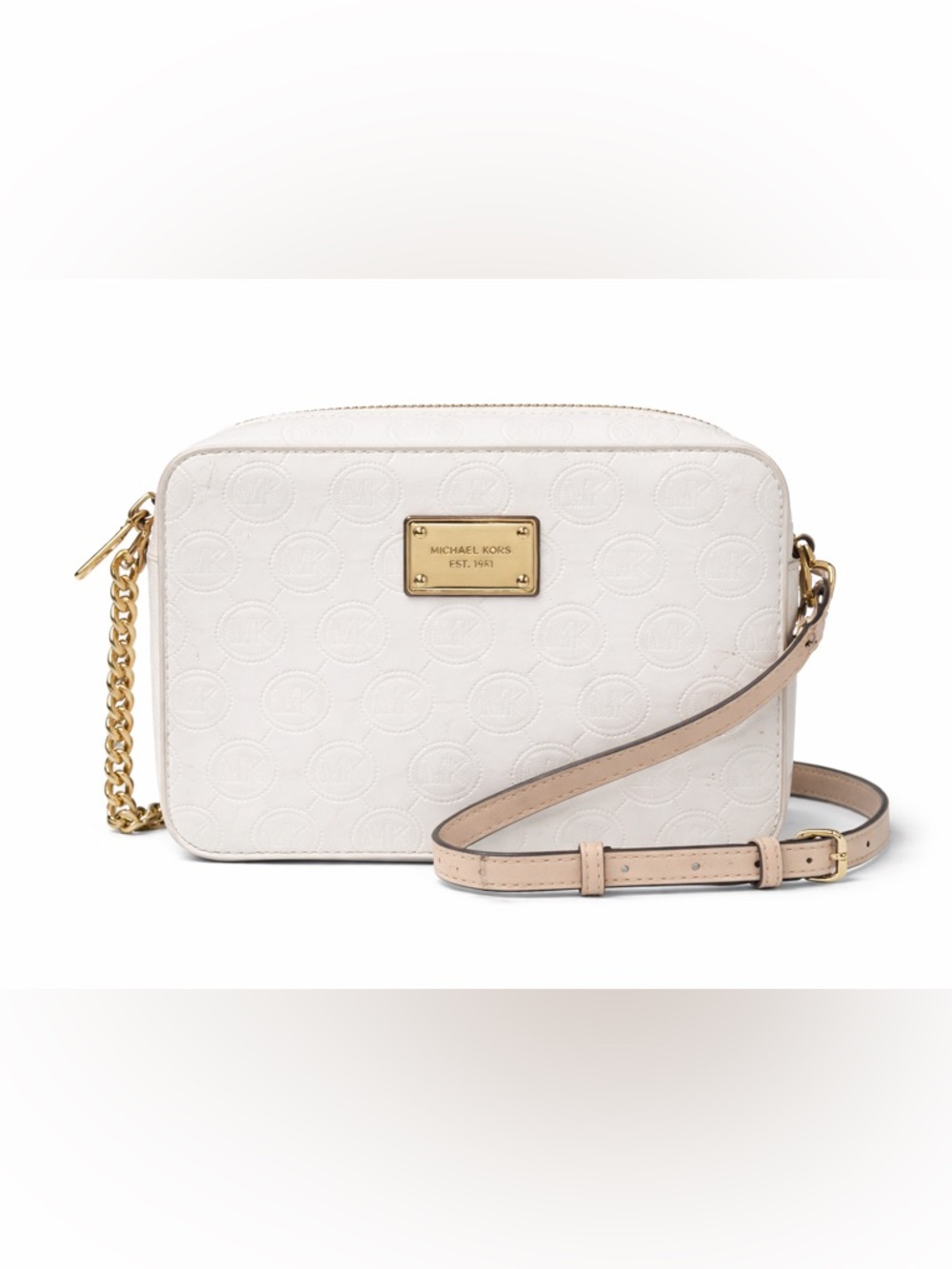 Michael Kors White MK Logo Crossbody Jet Set Camera Bag Gold Chain